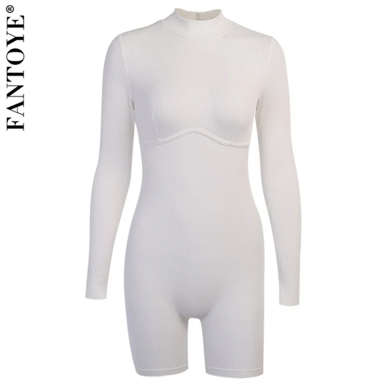 

FANTOYE Turtleneck Ribbed Knitted Zipper Jumpsuits Women Sexy Long Sleeves Shorters Bodycon Playsuits Basic Solid Skinny Rompers
