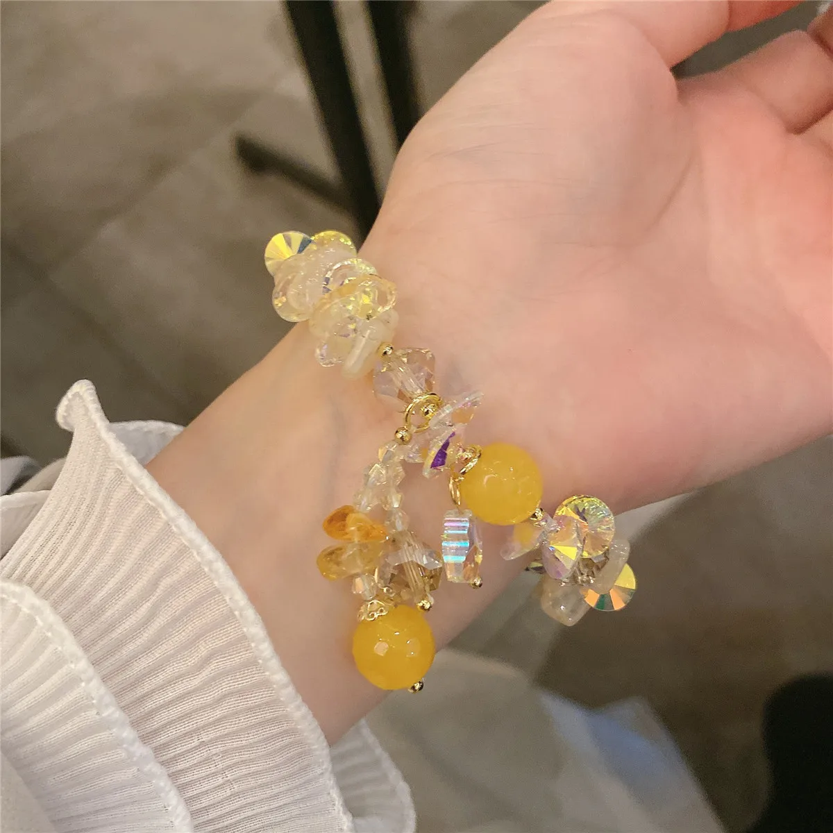 

Korean Women's Natural Crushed Stone Bracelet, Floral Yellow Agate Long Yellow Bracelet