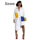 Осеннее белое платье-рубашка с длинным рукавом, женское платье-блуза на пуговицах с отложным воротником, платье-рубашка средней длины большого размера с карманами