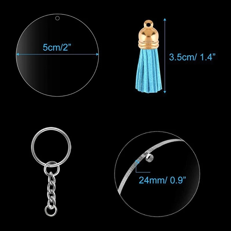 

120 Pcs Acrylic Keychain Blanks with Key Rings Jump Rings Round Clear Discs Circles Colorful Tassel Pendants