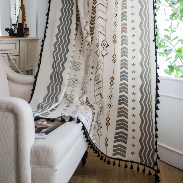 Yingya Linen Beige Stripe Tassel Curtain Country Style Window Hanging Blackout Curtains for Bedroom Easy Drape Dector for Window