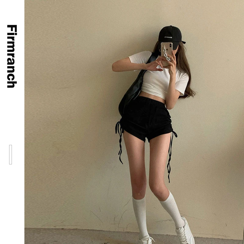 

Firmranch Tee For Girls/Women 2021 Sexy Hot Girl Top Summer INS Double Pull Rope Slim High Waist Short Sleeve White T-shirt