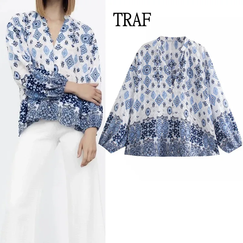

TRAF Top Women Blouses 2021 Autumn Women's Shirt Long Sleeve Print Vintage Top Woman Buttons Loose Oversize Shirt Tops Chic