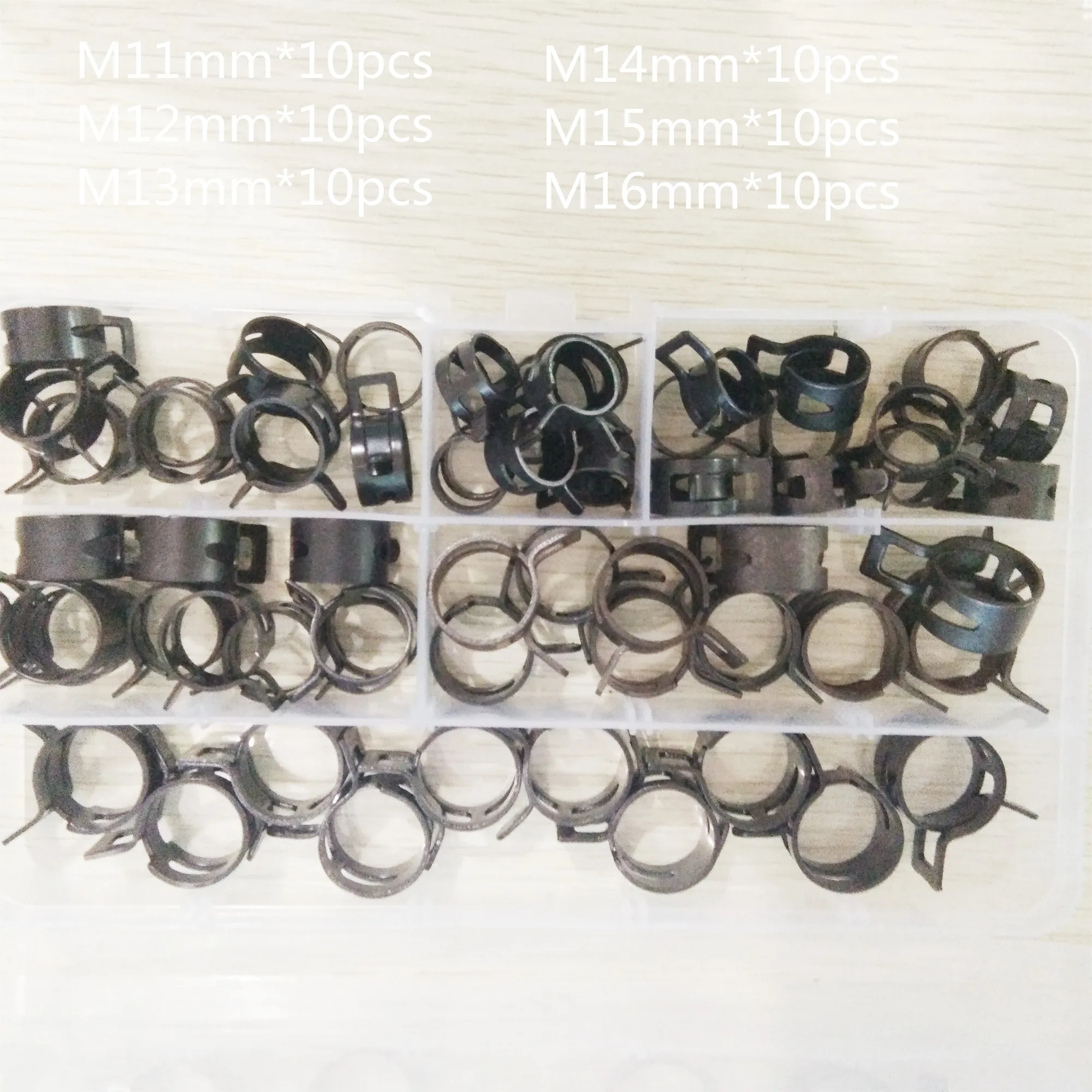 

60pcs Hose Clamps Fuel Hose Line Water Pipe Clamp Hoops Air Tube Fastener Spring Clips M11/12/13/14/15/16mm 1box