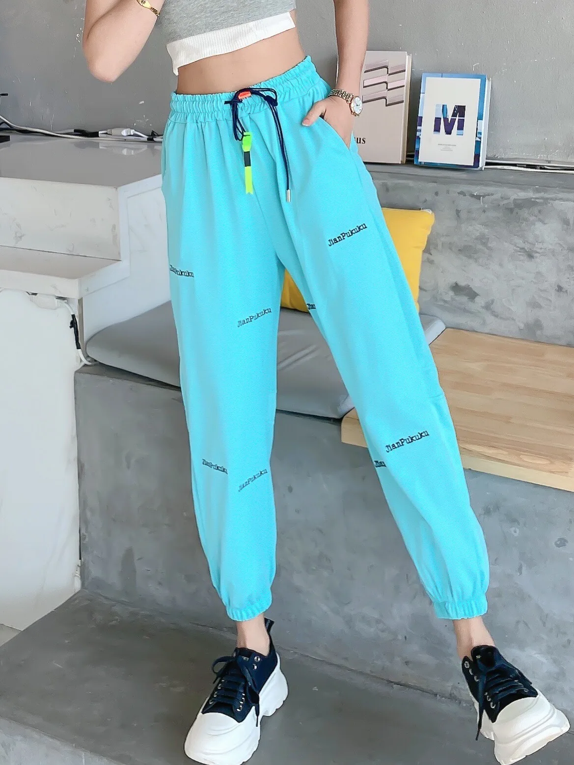 

Summer Women Thin Casual Capri Sweatpant High Waist 2021 New Letter Embroidery Cinch Bottom Cotton Jogger Pants