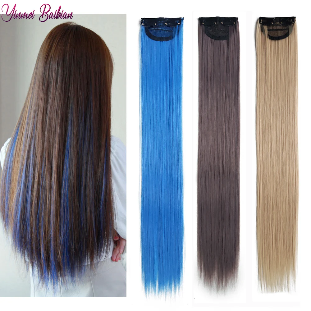 Synthetic Straight Rainbow Clip In Hair Extensions 22" Long 2 Clips With Net Hair Colored Pink Blue Purple Hairpieces for Kids