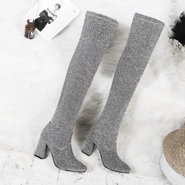 Женские ботфорты выше колена Сапоги с блестками и рукавами сапоги до бедра