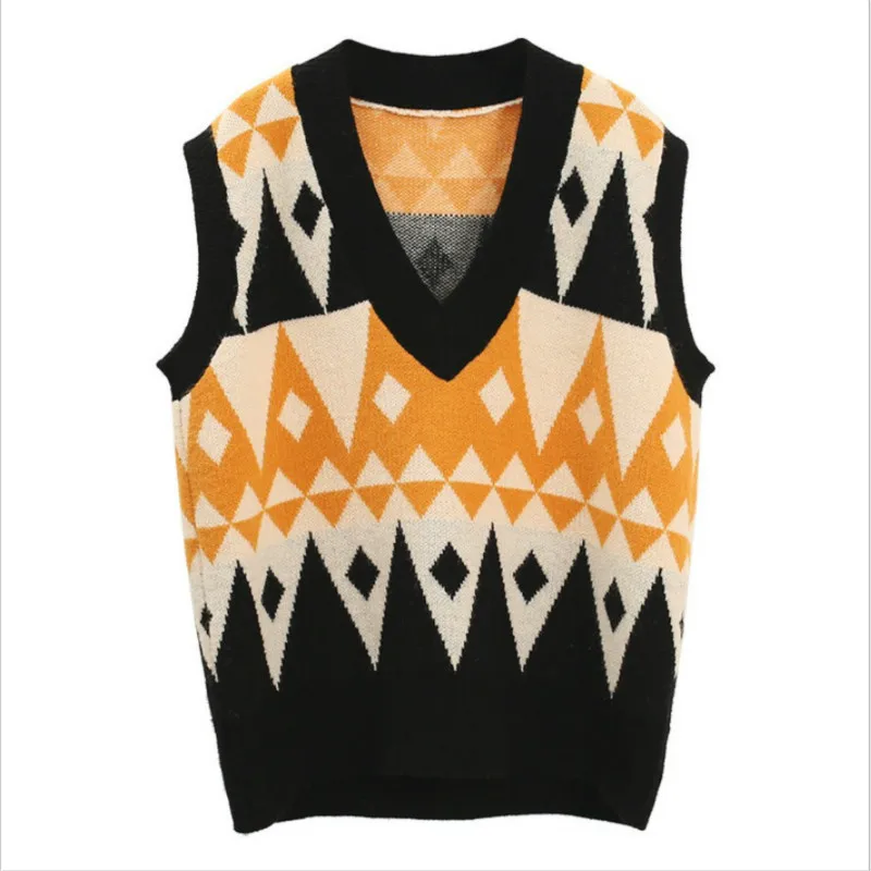 

Korean Style Women Knitted Vest Casual V-Neck Sleeveless Waistcoat Tops Female Vintage Argyle Pullover Sweater Vest for Women