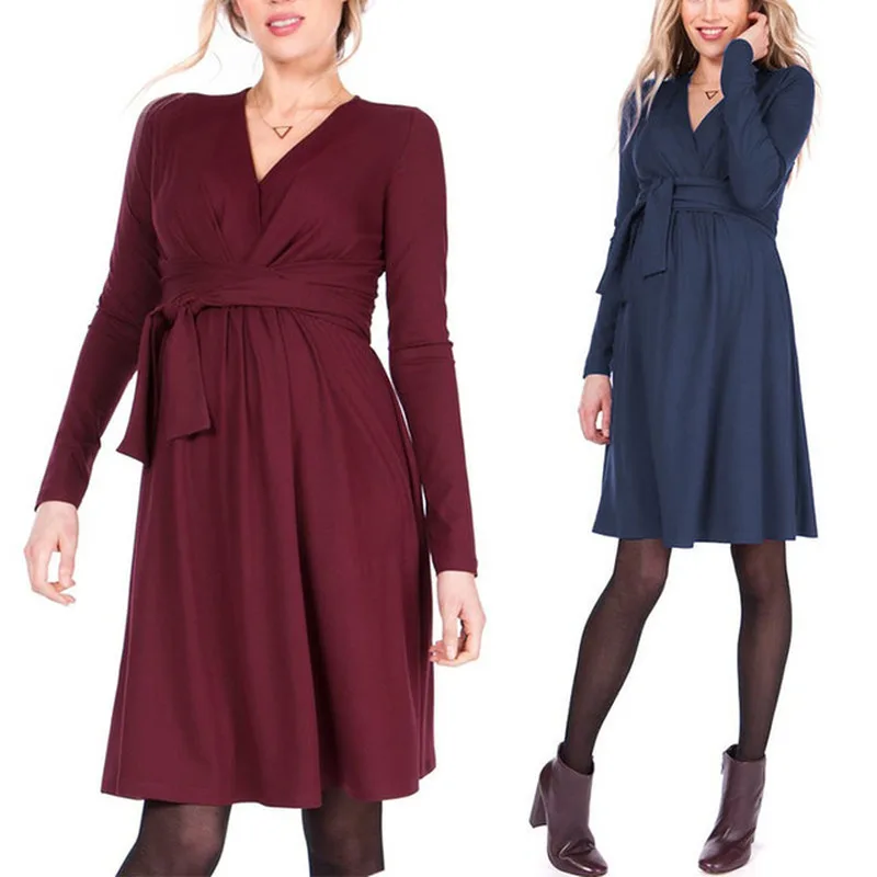 Hot Sale Autumn Creative Maternity Dress Breastfeeding Dress Fashion Long Sleeve Long Sashes Cross V-neck Nursing Dress