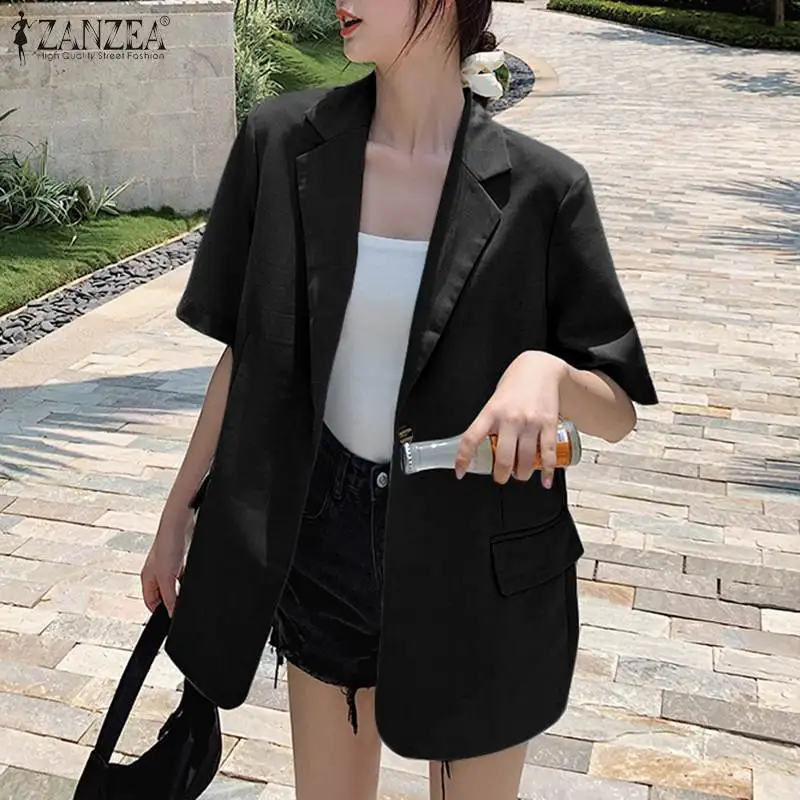 

Модный женский Блейзер ZANZEA 2021, летний Женский блейзер для офиса, повседневное пальто с коротким рукавом и лацканами, женская Свободная верх...