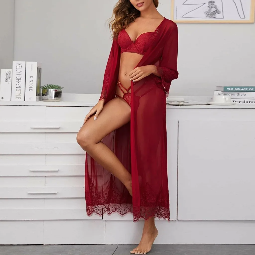 

Women's Lace Pajamas Bathrobe Long Sleeve Nightdress Sleepwear Bridesmaid Robes Soft Belt Bath Robe Lady Sexy Nightgown