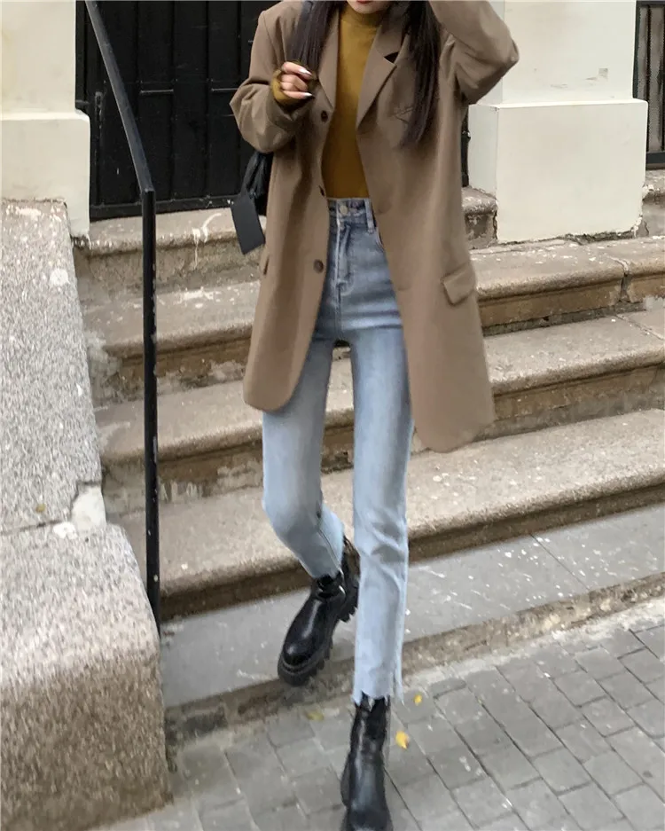 

2021 Spring New Ins Retro Straight Slimming High Waist Irregular Trousers Jeans Female Student Cropped Pants