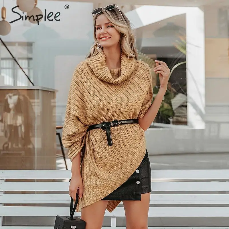 Simplee Autumn knitted turtleneck pullovers poncho sweater women Vintage khaki manta Winter gary thick jumper | Женская одежда