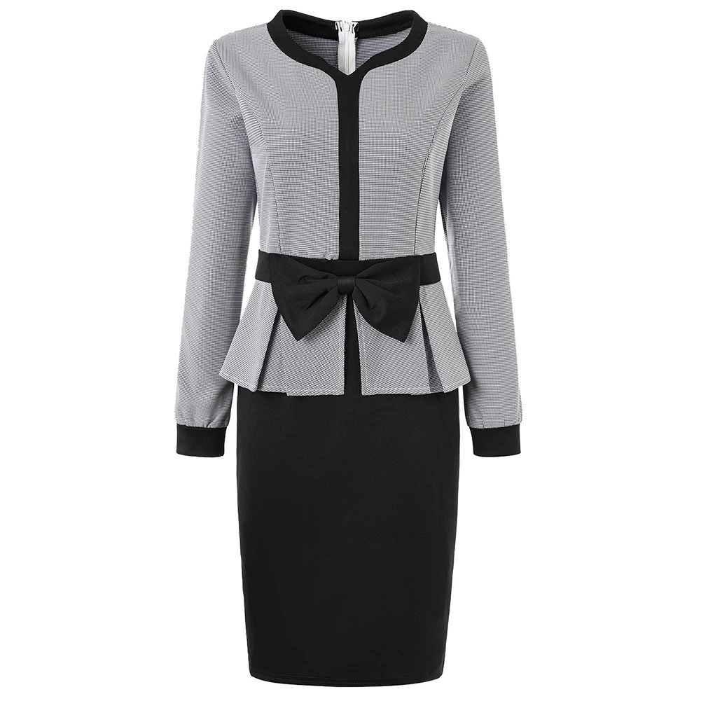 

Elegant Office Lady Autumn Color Block Patchwork Bow-knot Waist Bodycon Dress Color Block Bowknot Female Fashion Elegant Dress