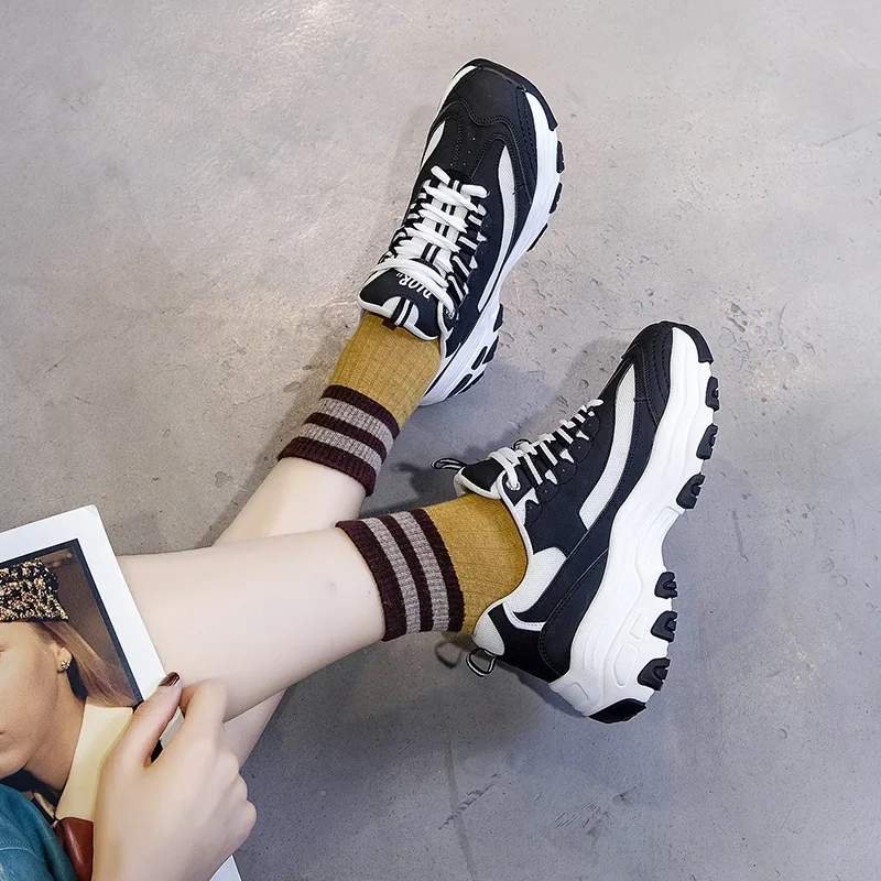 Yiluan Brand Leather daddy shoes Autumn winter 2020 new woman thick bottom sneakers women round head lace-up casual single | Обувь