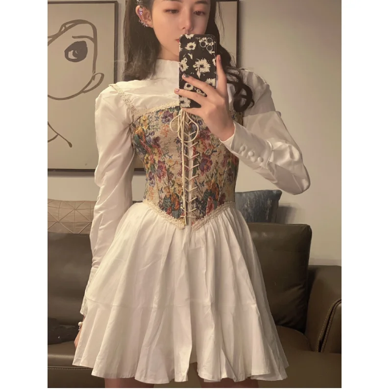 

shirt skirt French vintage white dress female spring and autumn 2021 new style tender half high neck thin design party skirt