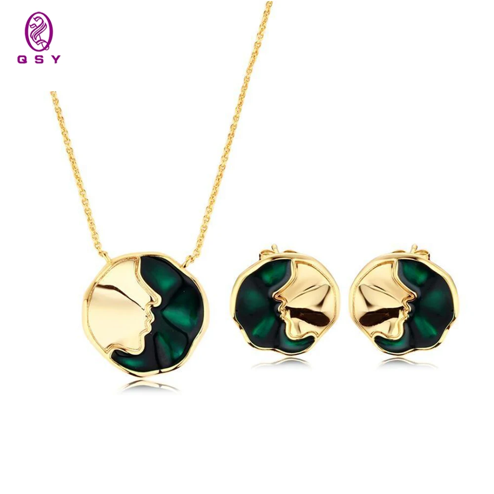 

Fashion Gold Head Shape Design Green Color Combination Necklace Earring Set For Women's 925 Sterling Silver Charm Personality
