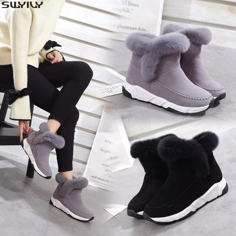 SWYIVY/женская зимняя обувь из флока Обувь на танкетке без застежки Женские