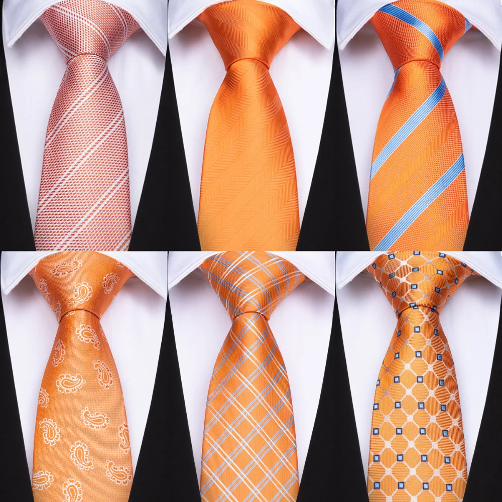 

DiBanGu Orange Striped Solid Paisley Plaids Fashion Men's Tie With Hanky Cufflinks Silk Neck Ties For Men Wedding Party Neckties