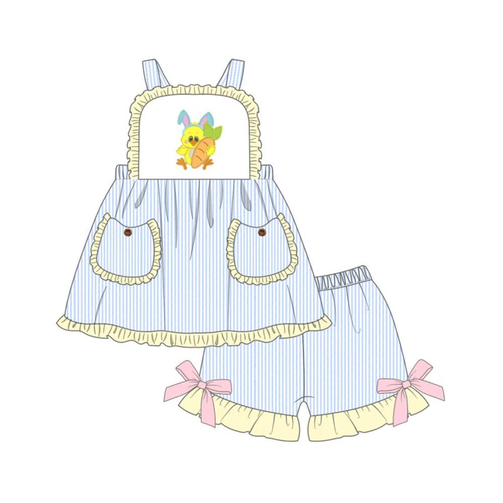 

Summer Girls Clothes Blue Vertical Stripes Strap Top And Pink Bow Shorts Easter Duck Hug Carrot Embroidered Toddler Girl Outfits