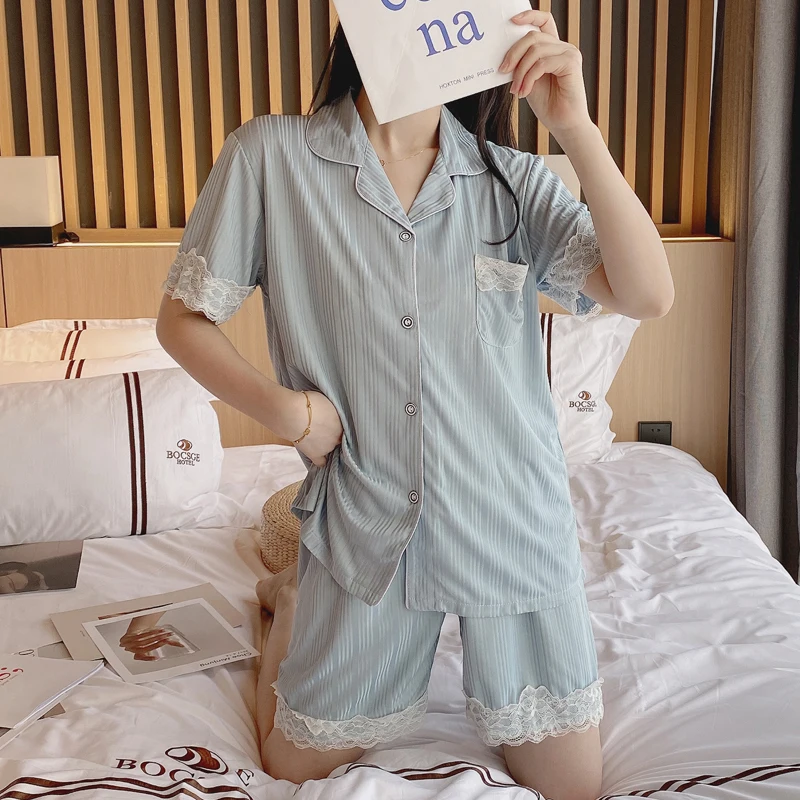 CAIYIER Cotton Pajamas Suit Summer Short Sleeve Sexy Lace Contracted Women Sleepwear Turn-down Collar Pure Cardigan Nightwear