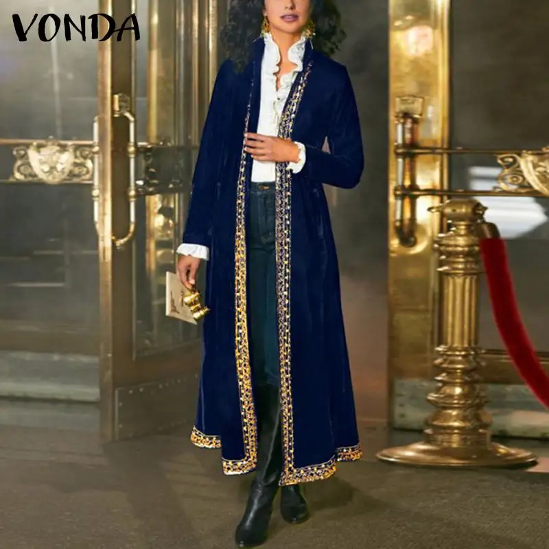 

2022 VONDA Autumn Cardigan Women Fashion Long Sleeve Vintage Printed Coat Pockets Femme Loose Holiday Jacket Oversized Long Coat