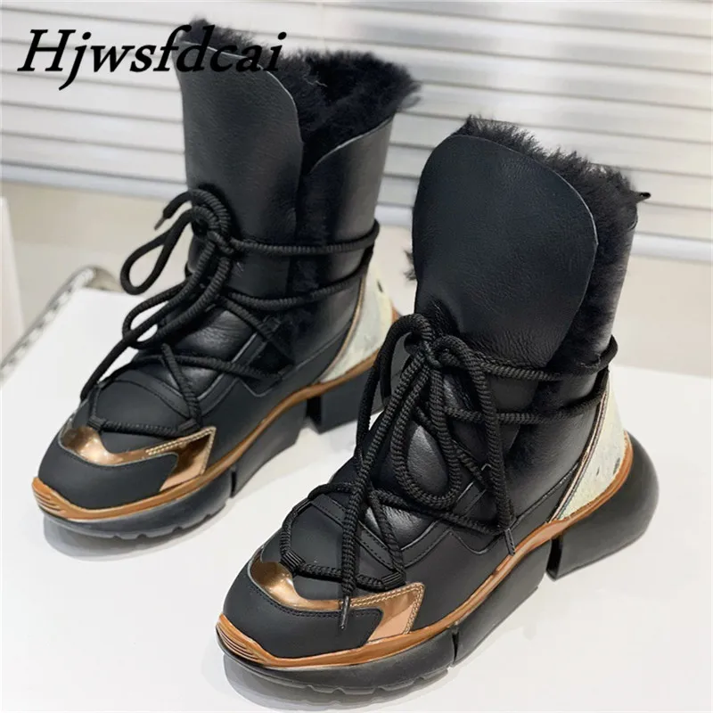

Зимние ботинки Hjwsfdcai из натуральной кожи, утепленная теплая зимняя обувь из конского волоса, женские ботинки на толстой подошве со шнуровко...