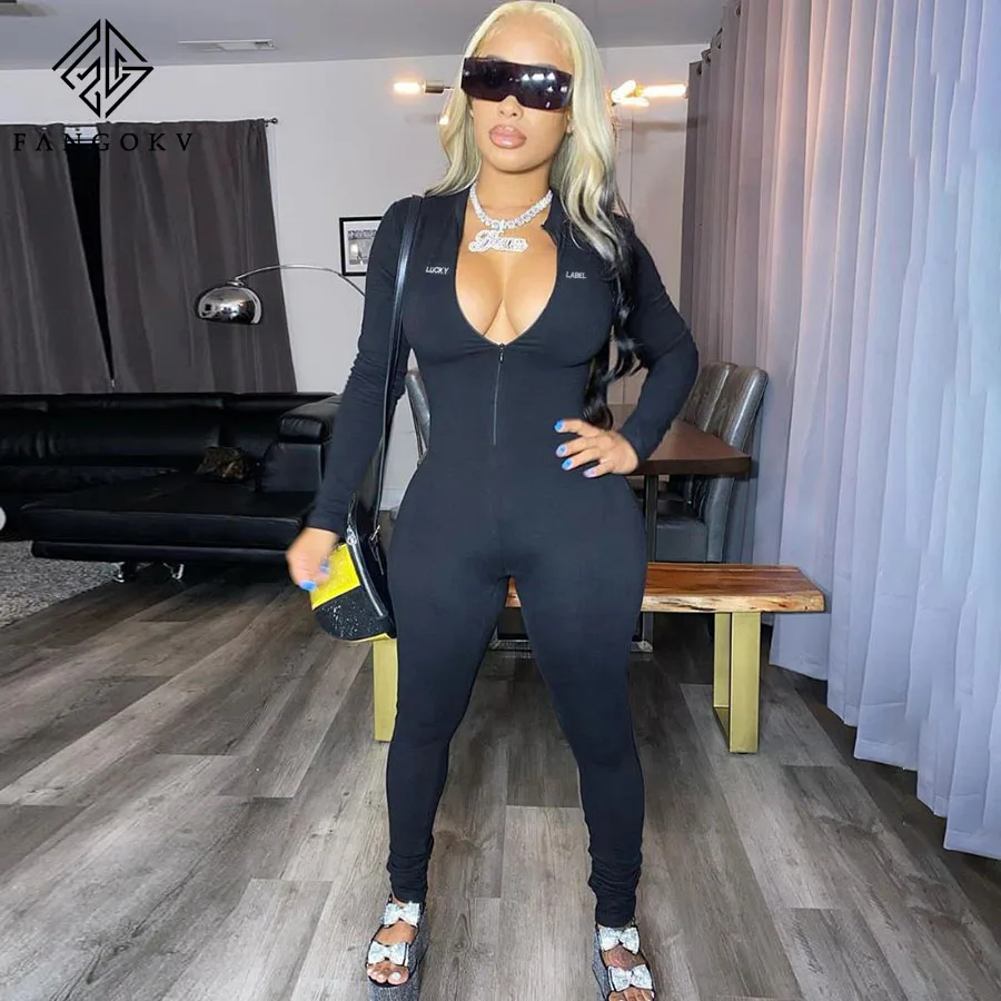 

Женский комбинезон на молнии, однотонный спортивный комбинезон с Вышивкой Букв и высокой талией, эластичный комбинезон с V-образным вырезом...