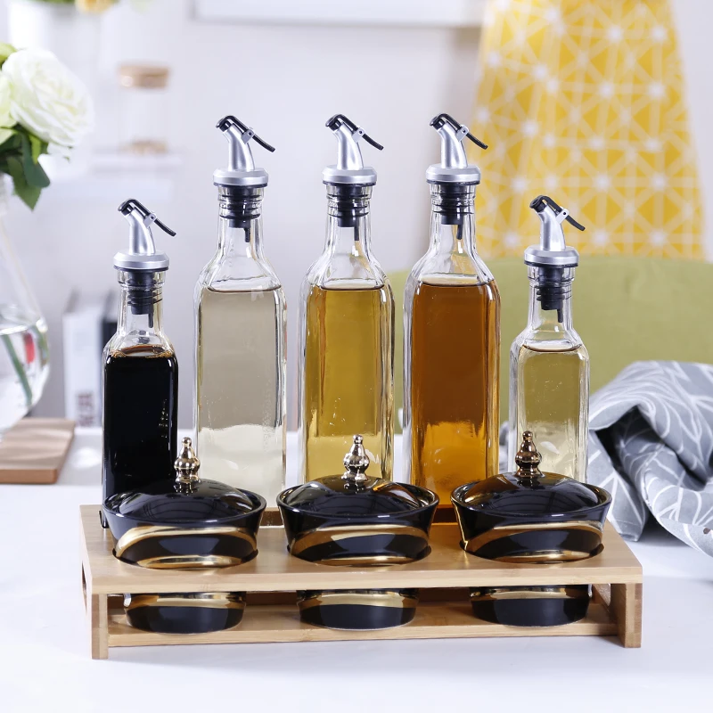 Бак для кухонных приправ Бамбуковая деревянная рама набор бутылок масла