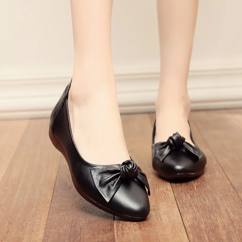 Женские туфли из воловьей кожи с бантом на плоской подошве мягкие удобные