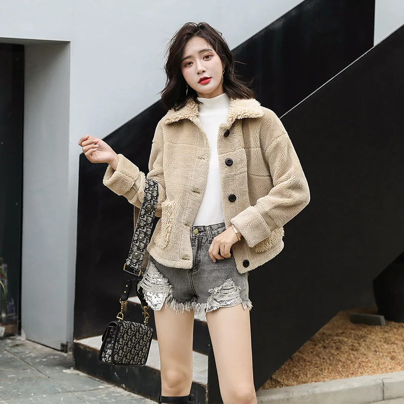 Женская Шуба из овечьей шерсти однотонная короткая шуба зима 2019|Куртки
