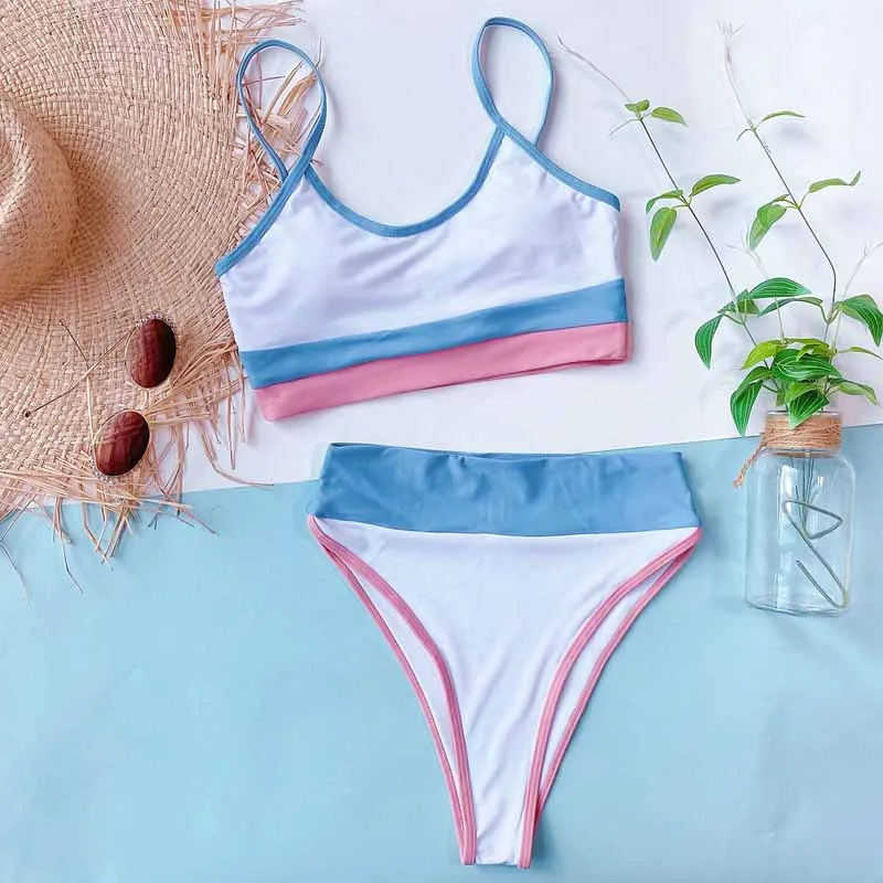 

Sexy Leopard Printed Triangle Bikinis Striped Patchwork Swimsuit Women 2 Pieces 2021 New High Waist Bikini Set Ribbed Beachwear