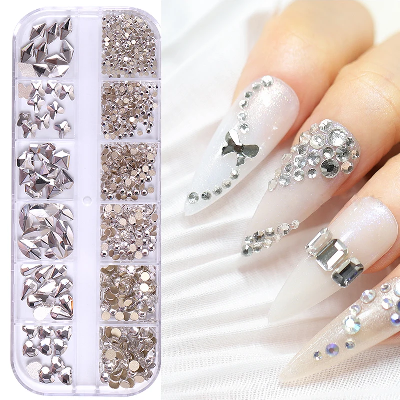 

12 Grid Box Nail Rhinestones and Decoration Colorful Mixed Shape AB Flat Back Crystal Stones Nail Art Charms For Manicure