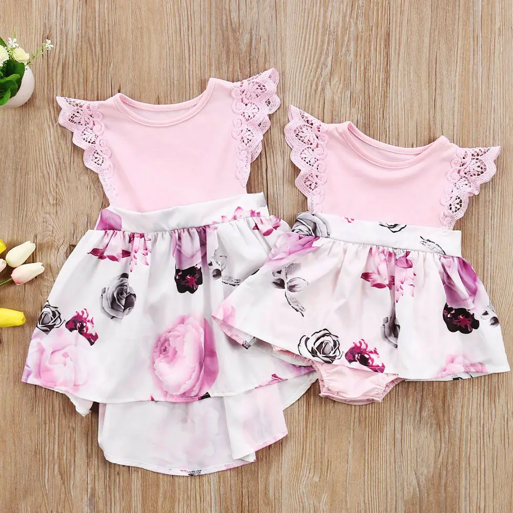 

Pudcoco Baby Sisters Matching Clothes Floral Lace Dress Romper One-piece Baby Girl Clothes Sunsuit Casual Dresses