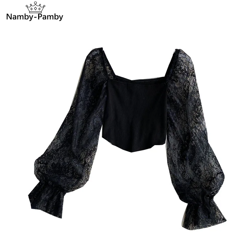 

2020 Spring and Autumn New Sexy Wild Mesh Stitching Trumpet Sleeve Top Slim Short Belly Button Shirt Women UK287