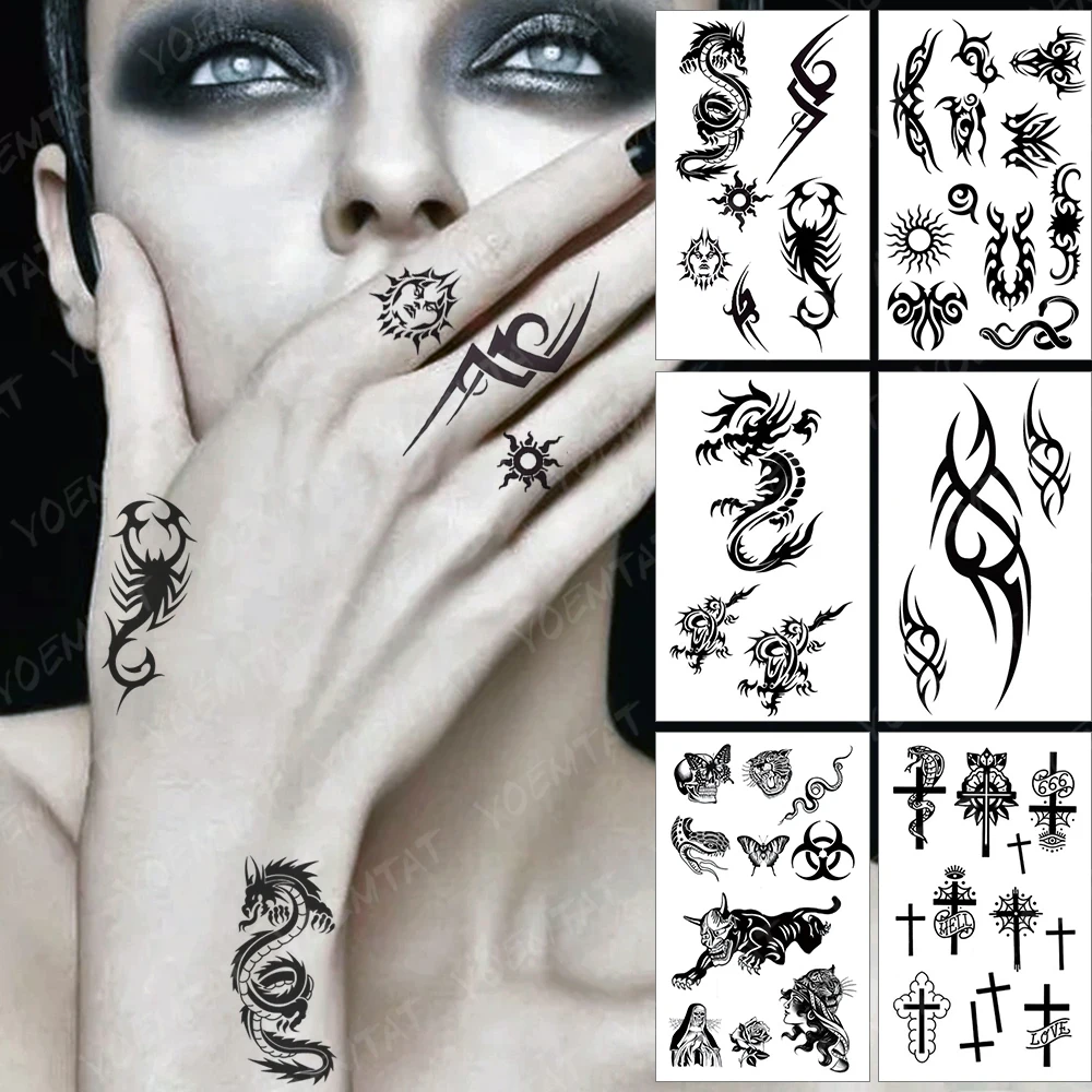 

Waterproof Temporary Tattoo Sticker Dragon Snake Scorpion Sun Geometric Black Tatto Hand Finger Tatoo Woman Man Child Tattoo