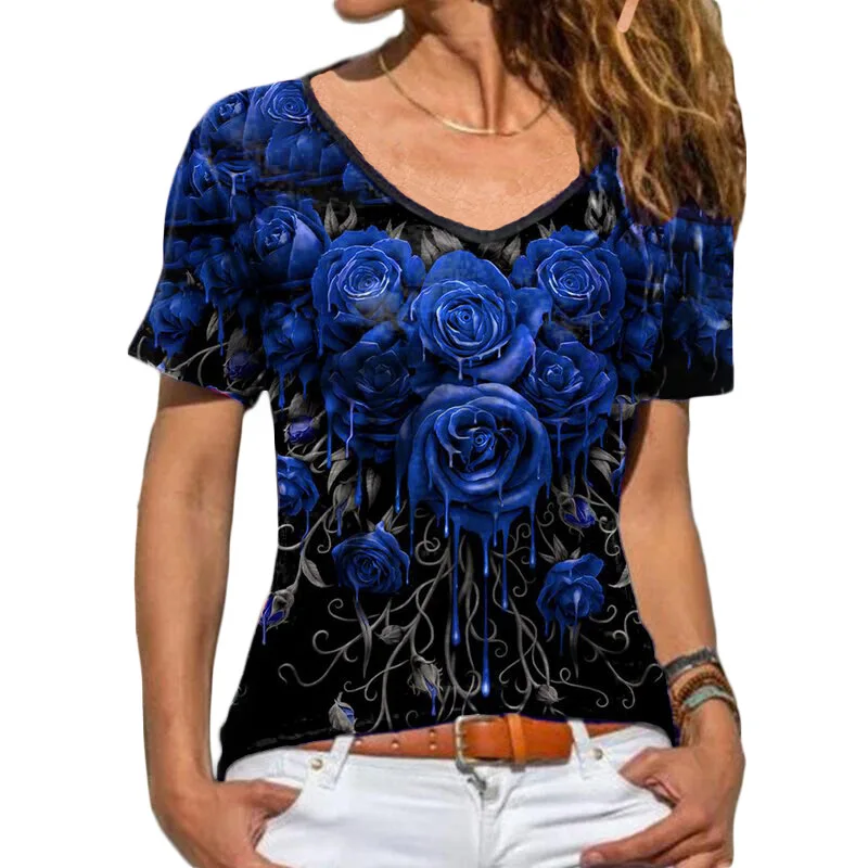 

Summer Women V-neck Slim Short Sleeve Tops Temperament Commuter Floral Print Pullover All-match Lady T Shirt plus size