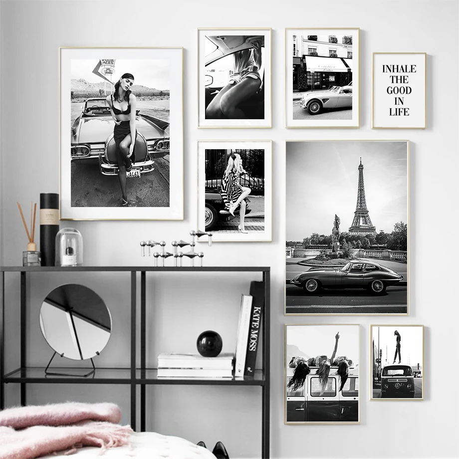 

Classic Race Car Fashion Girl Paris Black White Wall Art Canvas Painting Nordic Posters And Prints Wall For Living RoomPictures