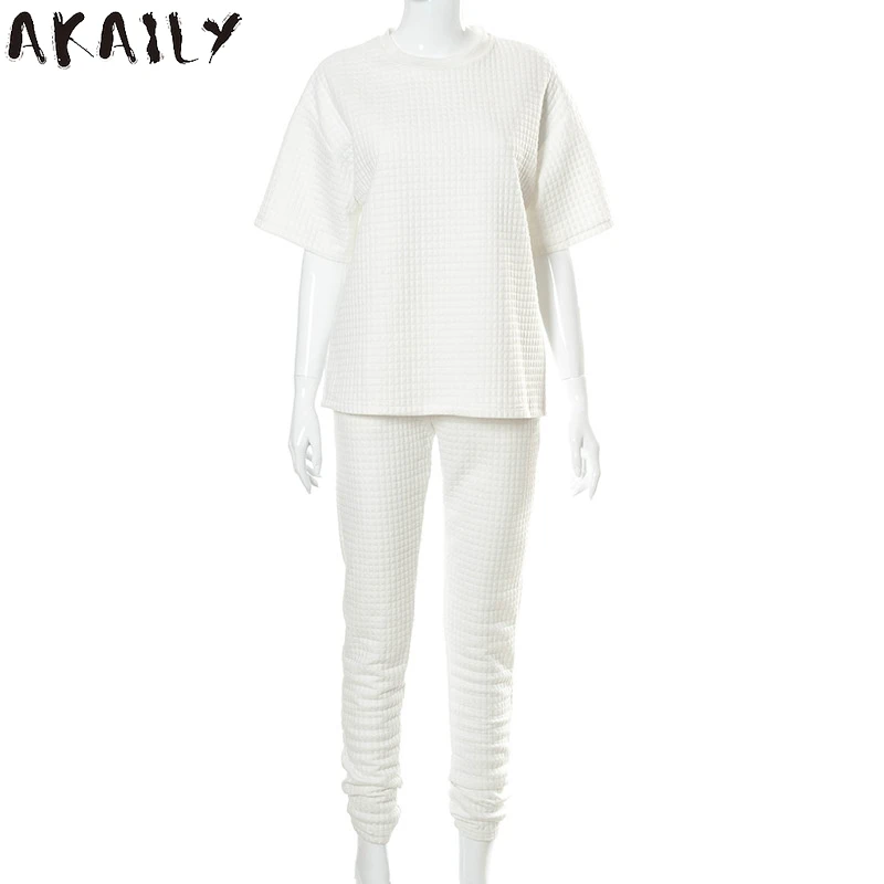 

Akaily Summer Streetwear White Plaid 2 Two Piece Sets Women Tracksuit Matching Sets Female Loose Crop Top Long Pants Sets 2021