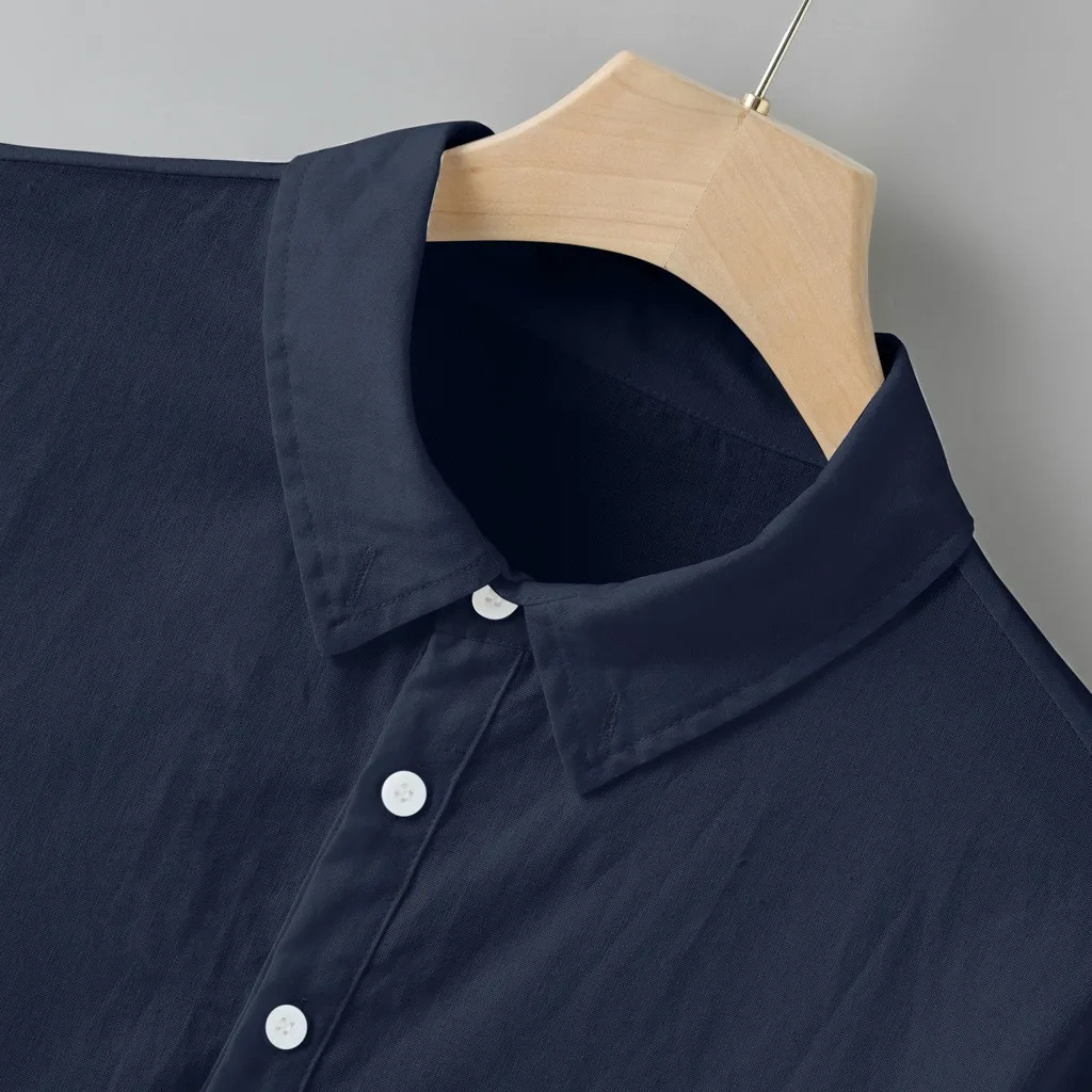 

2020 Summer Men's Baggy Cotton Linen Solid Multi-Pocket Short Sleeve Turn-down Collar Shirts hawaiian shirt