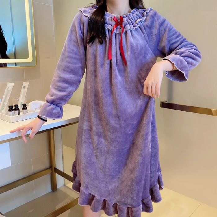 Flannel Night Skirt Horizontal Neck Women Sleepwear Sexy Winter Pullover Bowknot Medium Style