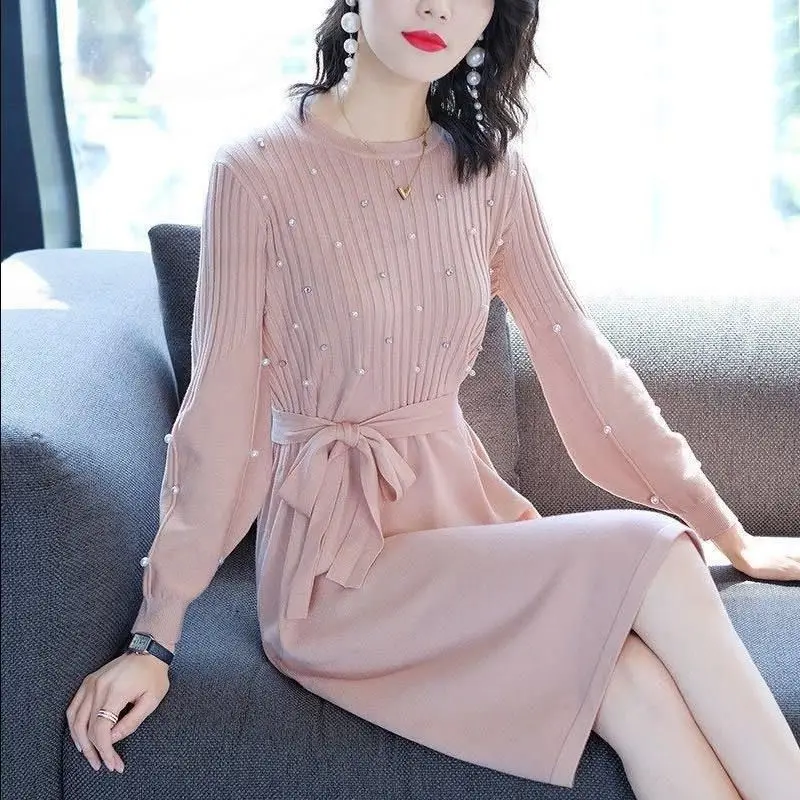 Женское плотное теплое платье-свитер Повседневное платье миди с длинным рукавом