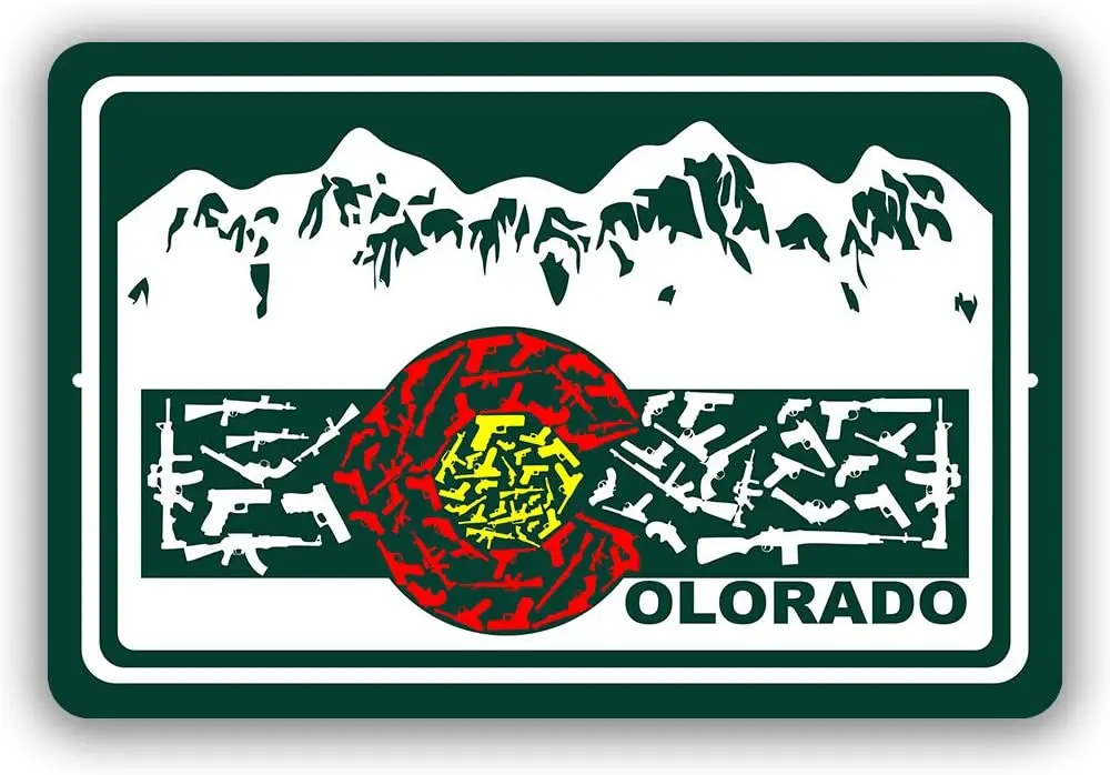 

Colorado Flag with Guns Man Cave Metal Decor Tin Sign Indoor and Outdoor use 8"x12" or 12"x18"