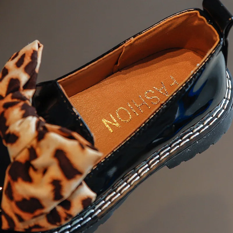 

Children Leather Shoes For Girls Medium Big Kids Loafers Bow-knot With Leopard Fashion 2021 Autumn New Slip-on Flats Oxfords Hot