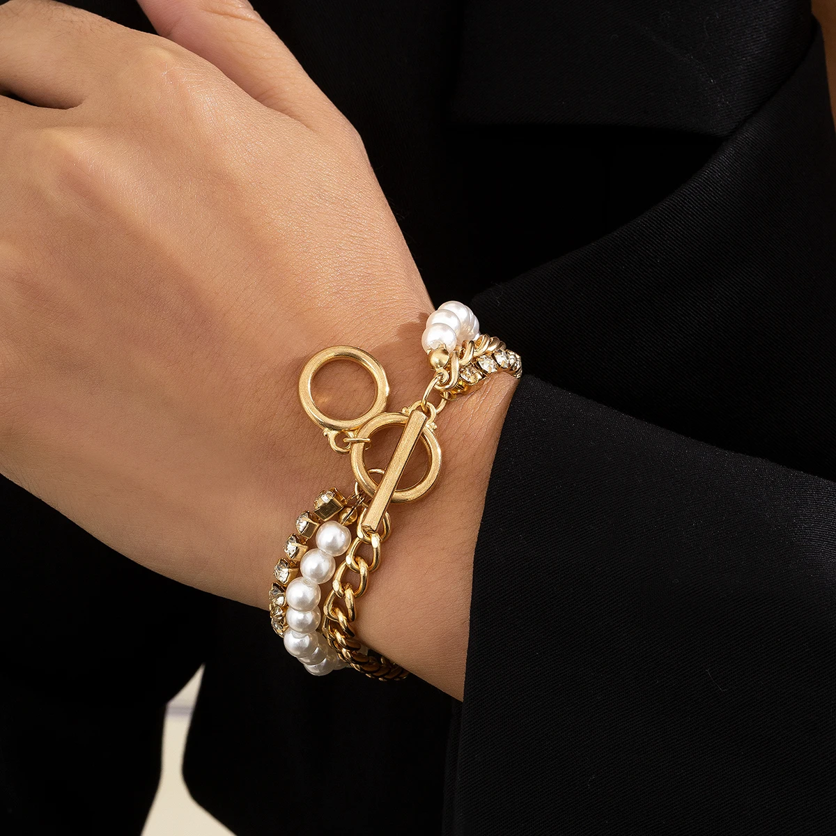 

IngeSight.Z Women Crystal Rhinestones Chain Imitation Pearl Bracelets Bangles Multi Layered Toggle Clasp Lasso Bracelets Jewelry