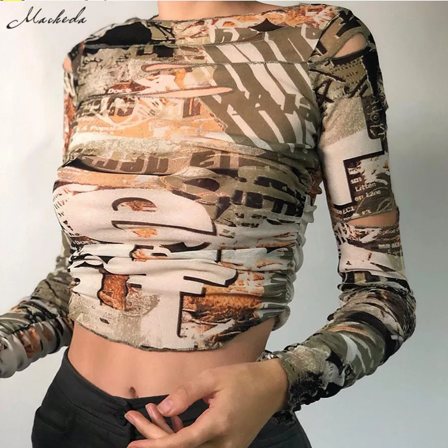 

Macheda Fashion Print Autumn Casual T shirt Women Slim Long Sleeve O Neck Clothing Solid Streetwear Lady Crop Top 2020 New