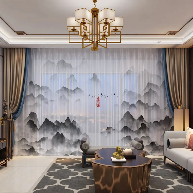 Шторы с изображением гор и пейзажа в китайском стиле занавески драпировкой на