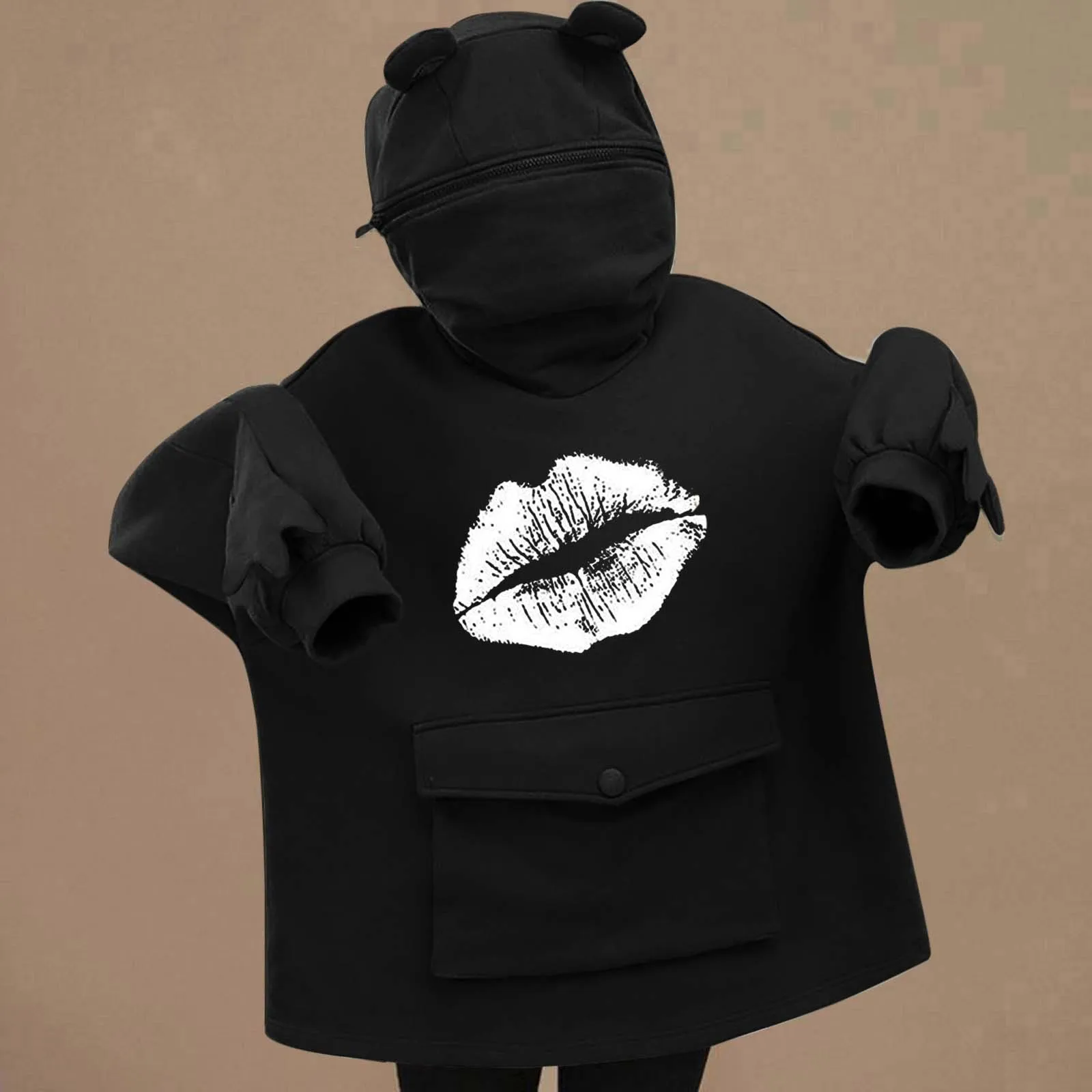 Women's Long Sleeve kawaii Frog-Design Prints Pockets Sweatshirt Pullover Tops mujeres sweetshirts sudaderas con capucha