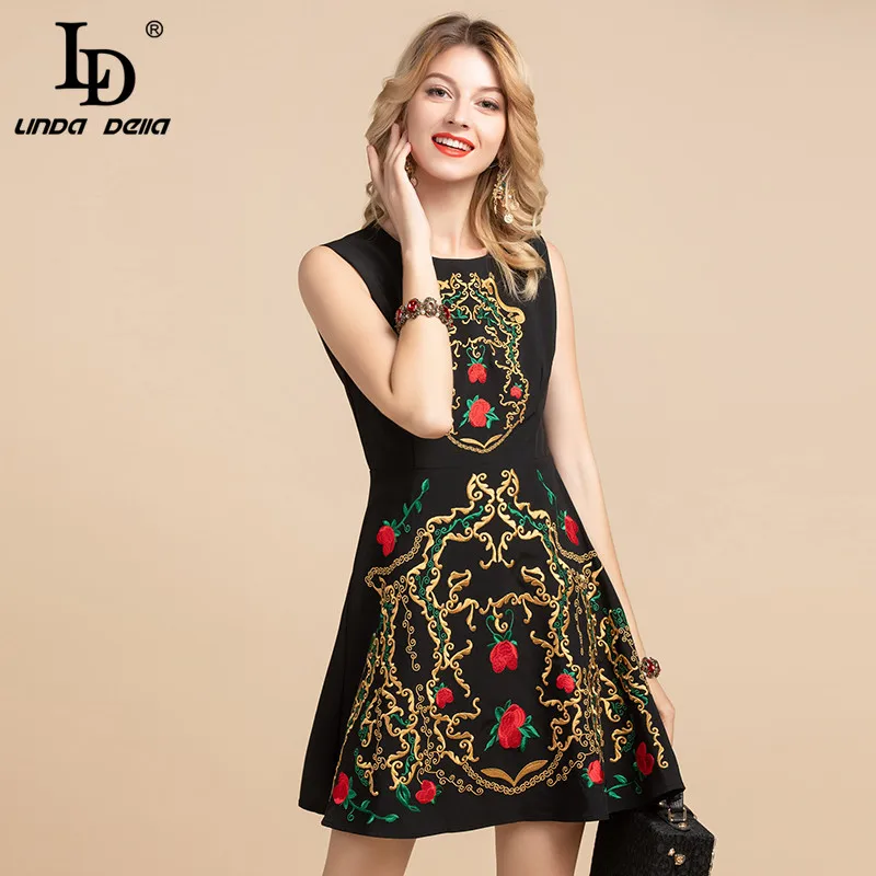 Женское винтажное платье без рукавов LD LINDA DELLA Черное короткое трапециевидной