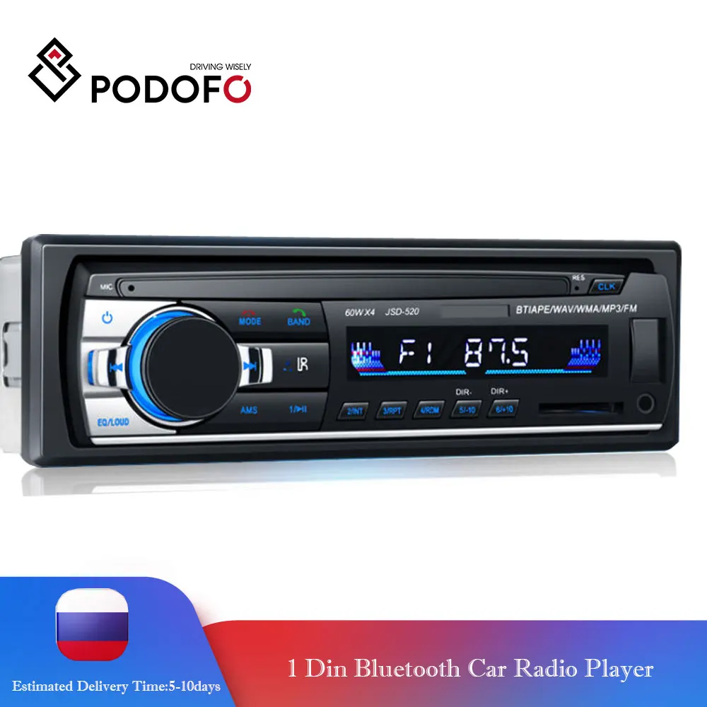 Podofo Авторадио Стерео Bluetooth FM Aux вход приемник SD USB JSD 520 12В In dash 1 din аудио MP3